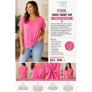 Women’s Time and Tru Pink Twist Front Top Large Bright Casual Tee